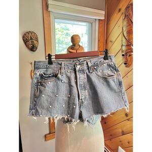 Vintage Custom Upcycled Rhinestone and Pearl Studded Jean Shorts Style 501